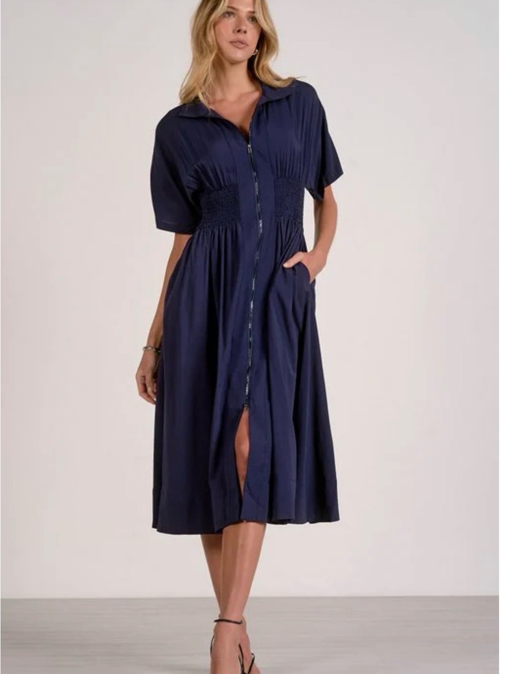 NWT Elan Navy Button-Front Midi Dress with Smocked Waist